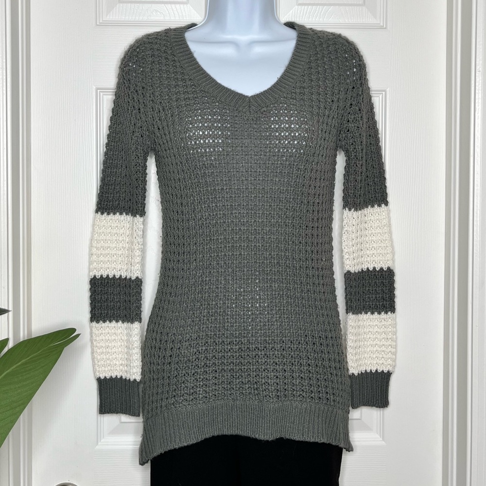 Gray and white striped waffle knit sweater